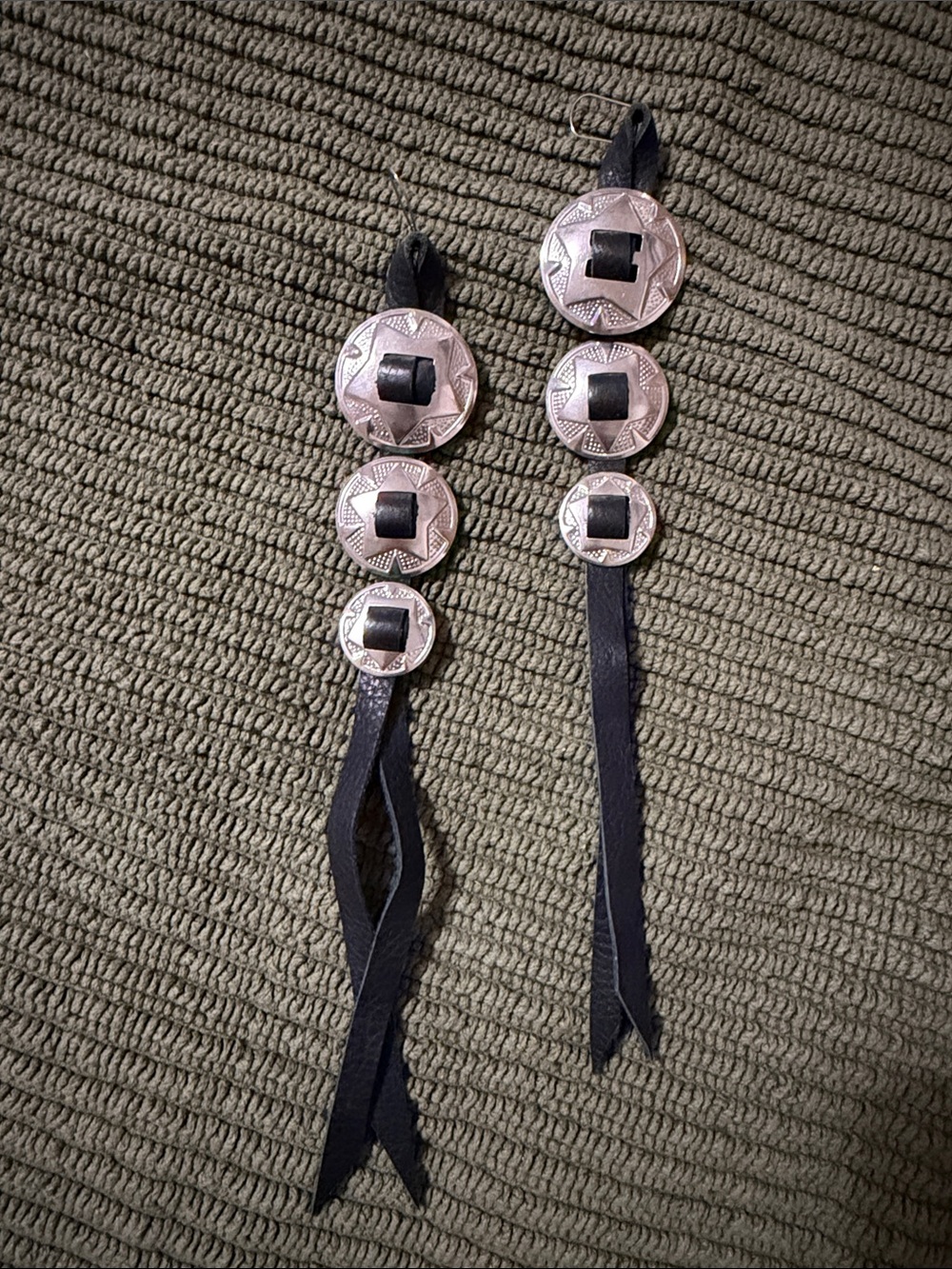 Saddle Tramp Silver Concho Black Leather Tassel Earrings - Black & Silver